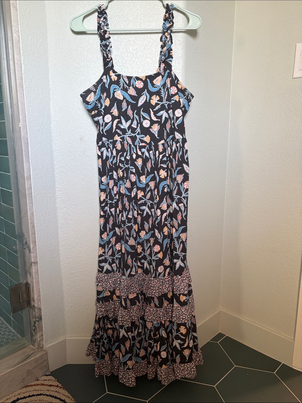 Universal Thread Black Floral Maxi Dress with Blue and Cream Accents
